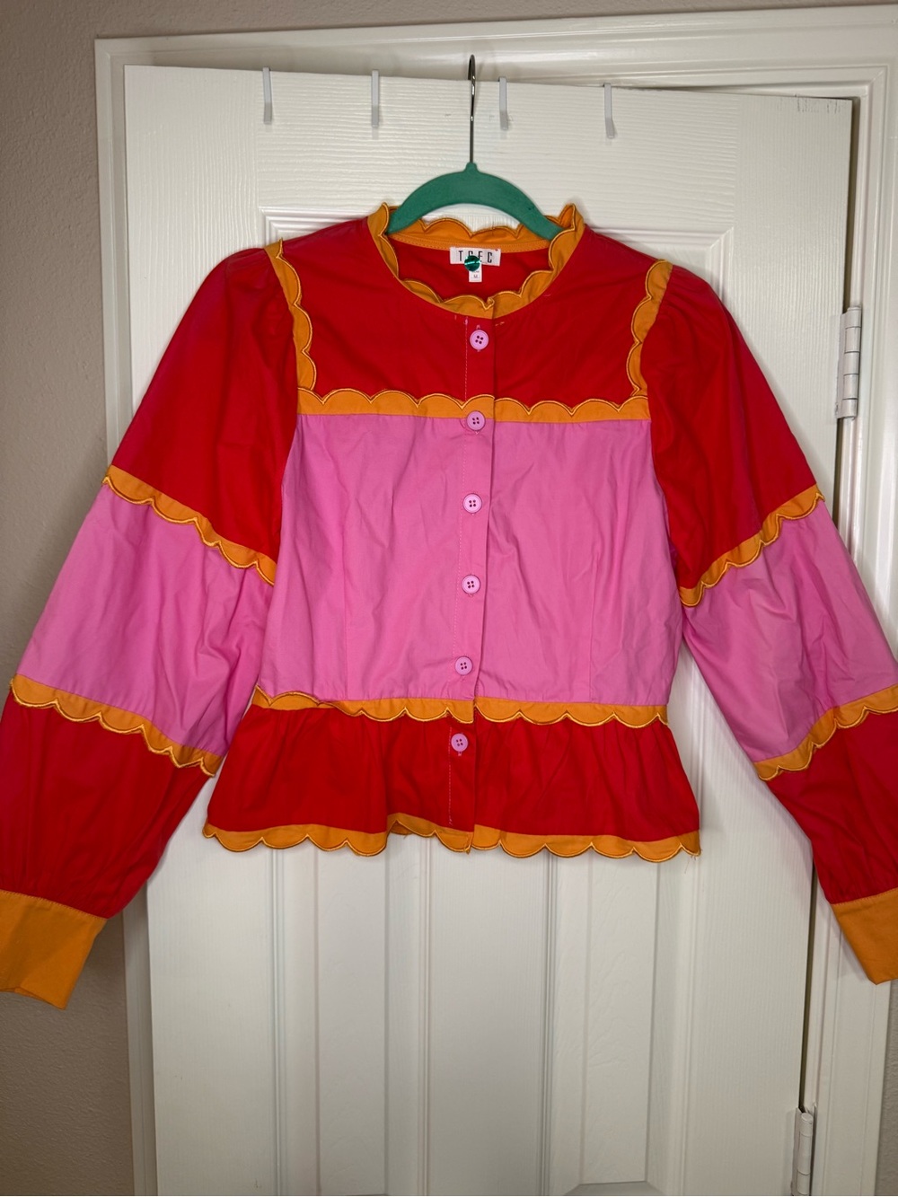 TCEC Colorblock Pink and Red Scallop-Trim Button Down Shirt - Picture 3 of 10